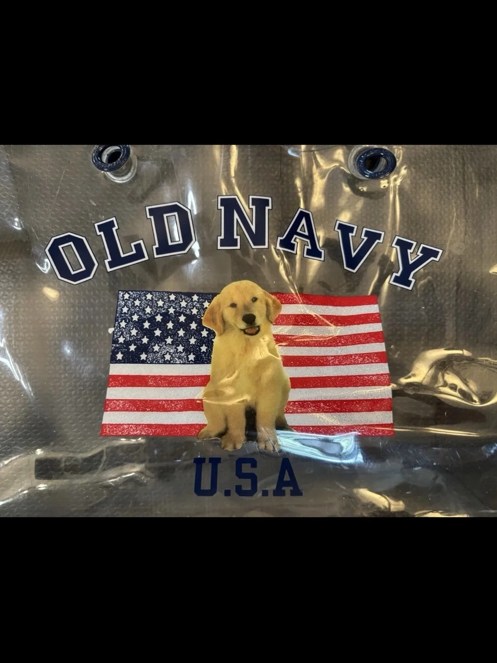 Vintage 00s Old Navy Clear Polyvinyl Tote Bag USA Flag and Golden Retriever Dog